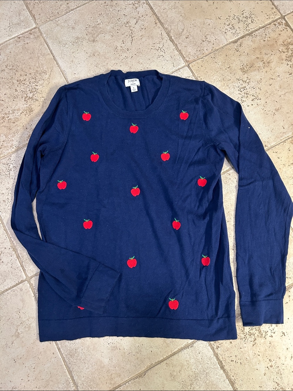 J. Crew women’s navy Crewneck Sweater with Red Apple Embroidery, size large
